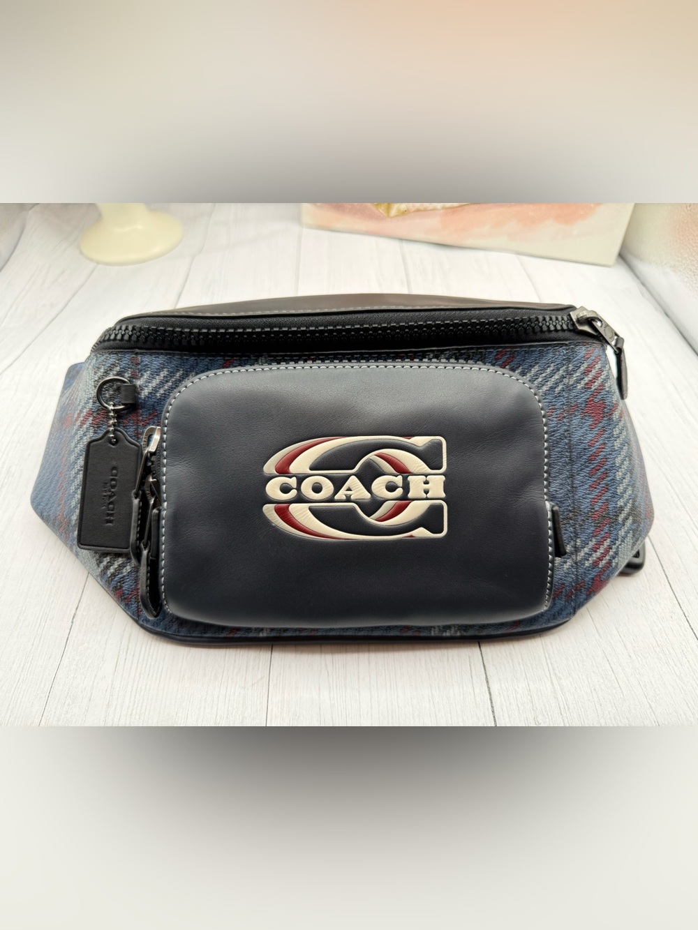 Coach Men's Navy and Black Track Belt Bag with retro logo.